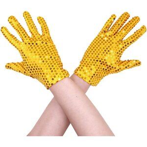 Women's Sparkling Sequin Yellow Glitter Short Length Wrist Gloves Party Cosplay